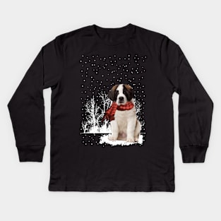 Christmas Saint Bernard With Scarf In Winter Forest Kids Long Sleeve T-Shirt